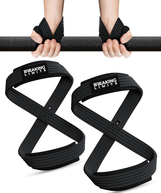 BREAKING LIMITS Figure 8 Lifting Strap - Deadlifting Straps for Men & Women - Gym Lifting Straps Figure 8 for Powerlifting Strongman Weightlifting & Deadlift (Black Large)