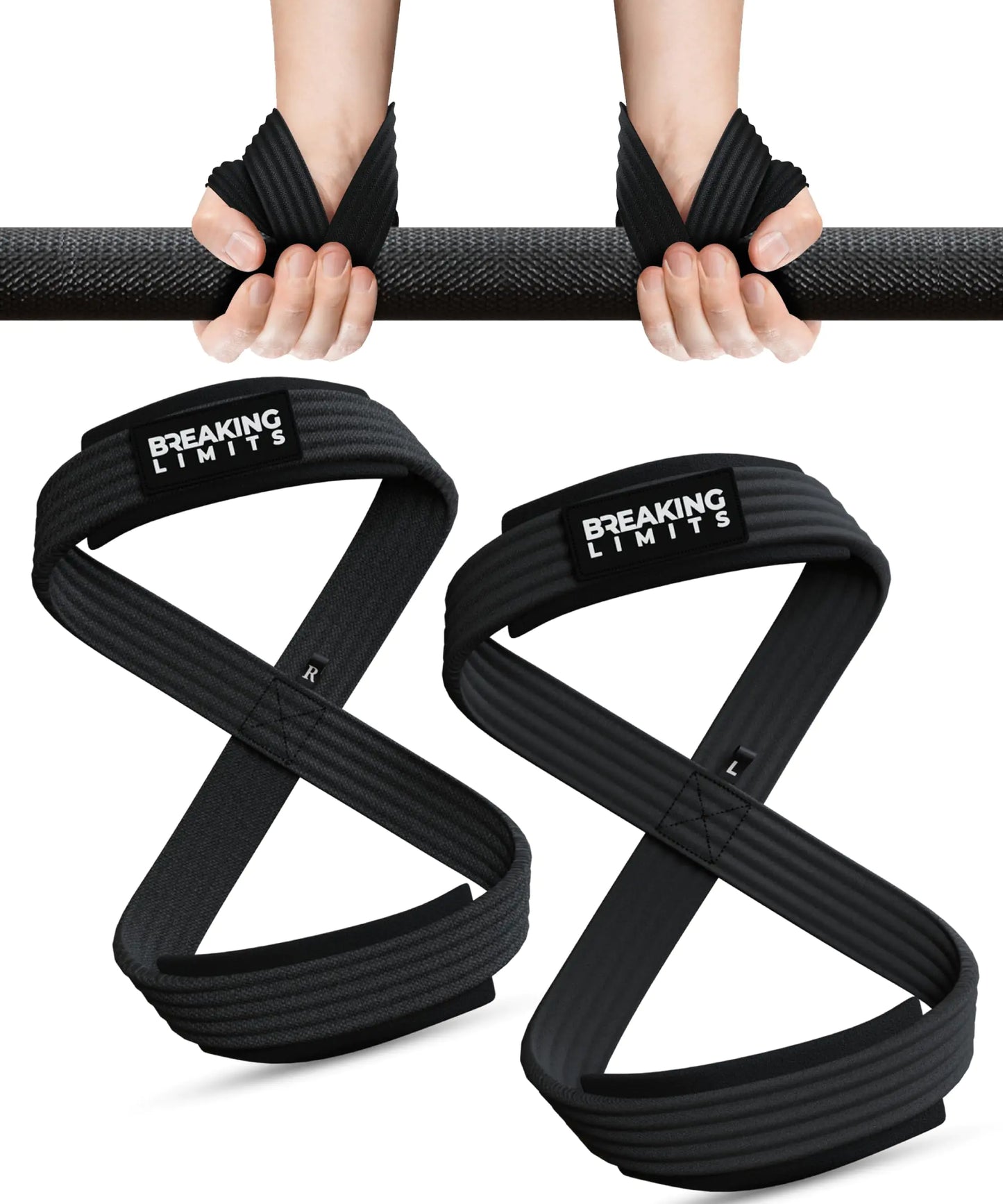 BREAKING LIMITS Figure 8 Lifting Strap - Deadlifting Straps for Men & Women - Gym Lifting Straps Figure 8 for Powerlifting Strongman Weightlifting & Deadlift (Black Large)